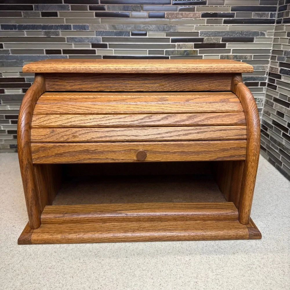 Vintage Solid Oak Roll Top Bread Box Handcrafted Amish Made Rustic Kitchen Decor